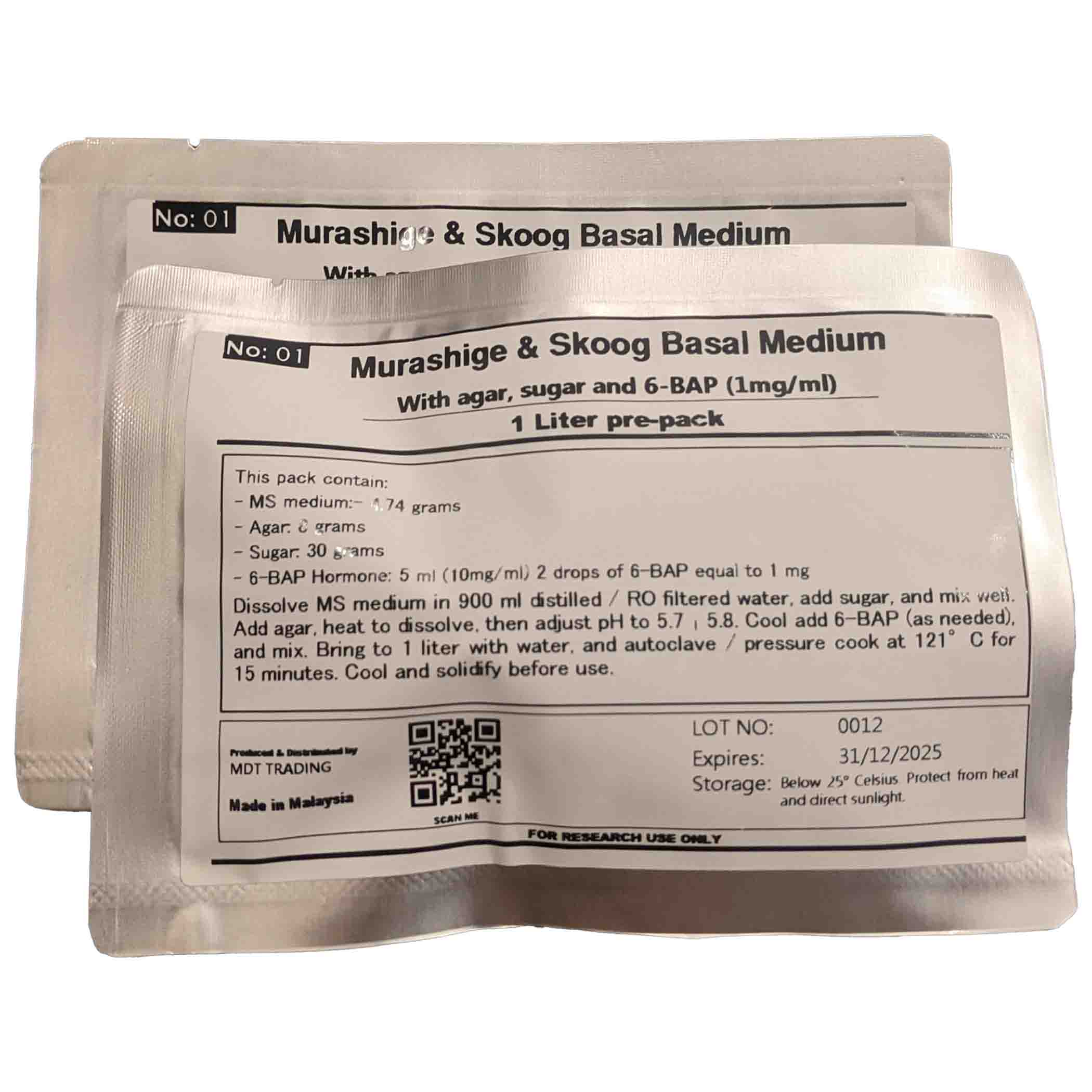 Murashige & Skoog (MS) Basal Medium ? 1 Liter Pre-Pack With Agar, Sugar, and 6-BAP (10mg/ml)
